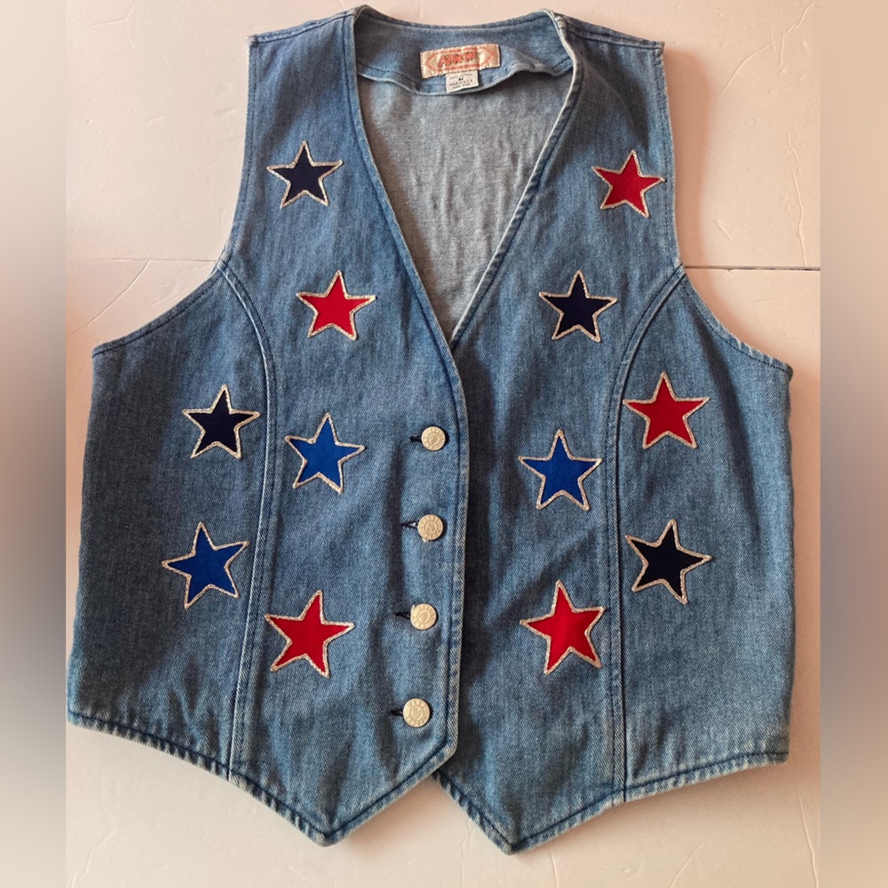 Vintage Apache West womens SZ M Denim USA Star- Flag Embellished Vest